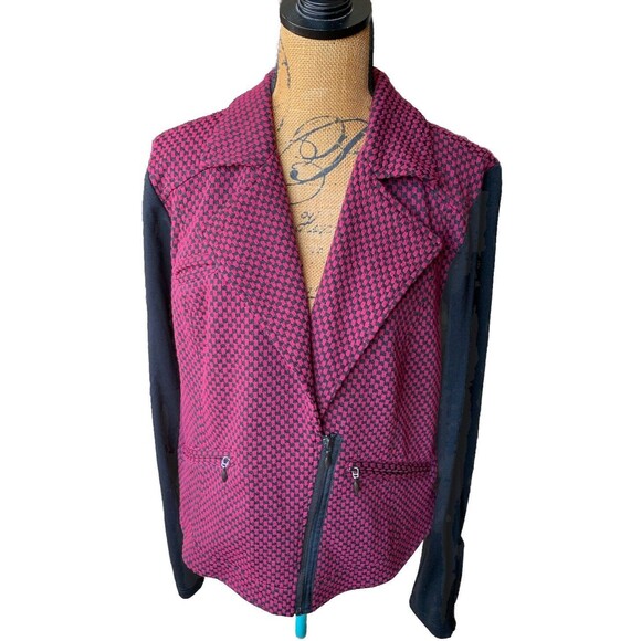 Torrid Jacket Magenta Black Checkered Jacquard Moto Full Zip Lined Punk SZ 2 - Picture 1 of 10